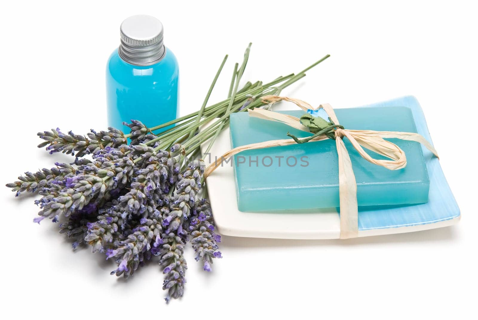 Lavender and hygiene items made of lavender isolated on a white background.
