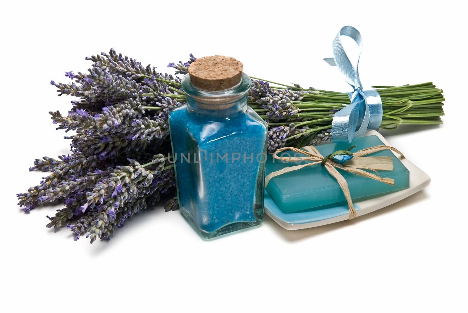 Lavender and hygiene items made of lavender isolated on a white background.