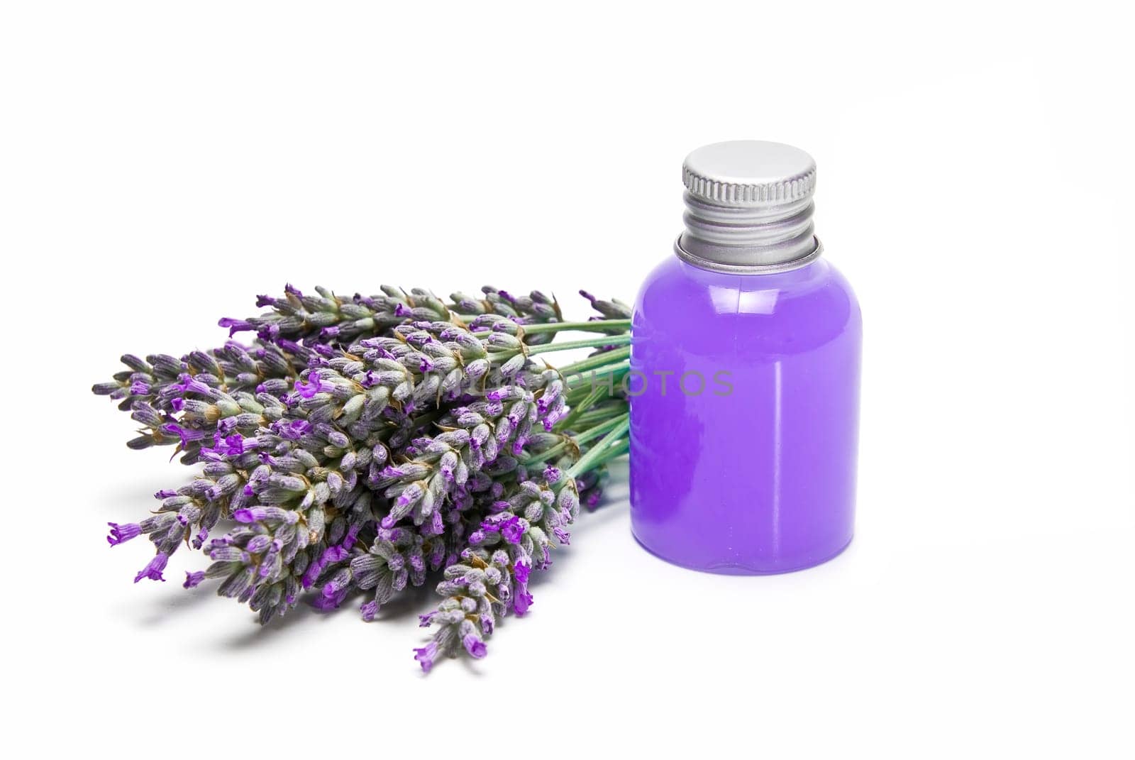 Lavender and hygiene items made of lavender isolated on a white background.