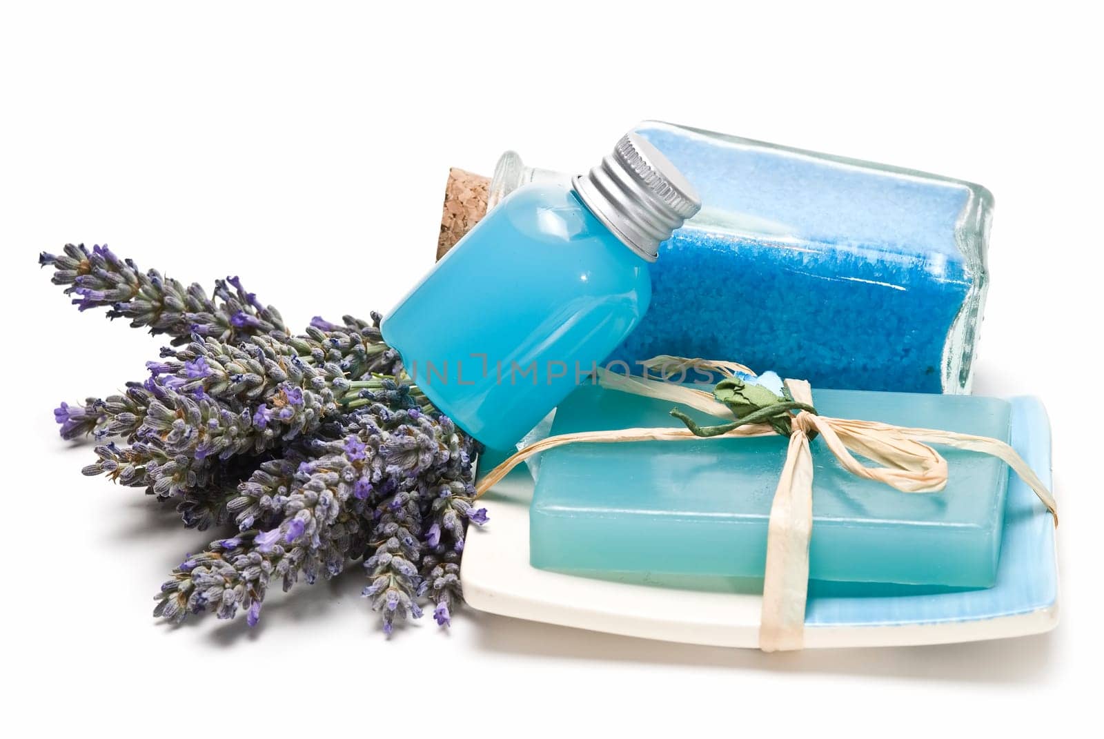 Lavender and hygiene items made of lavender isolated on a white background.