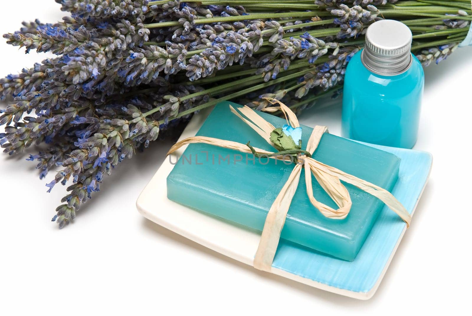 Lavender and hygiene items made of lavender isolated on a white background.