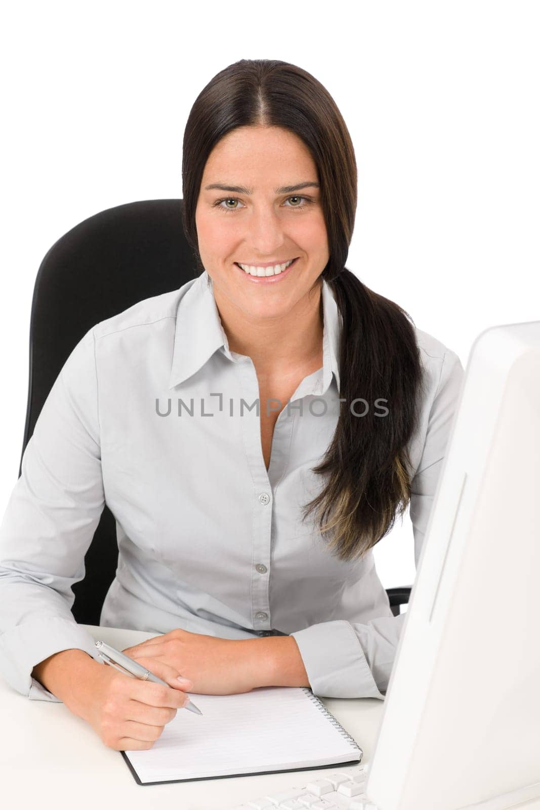 Successful business woman at office smiling sitting table write notepad
