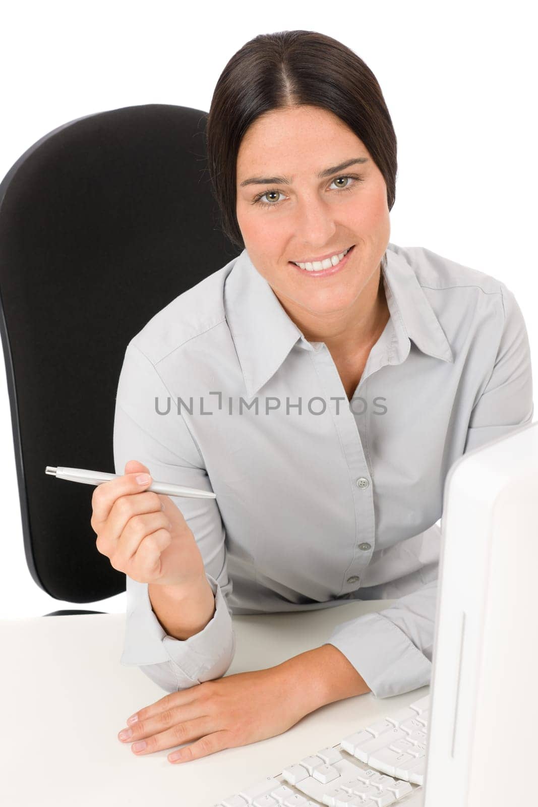 Successful business woman at office smiling sitting table hold pen