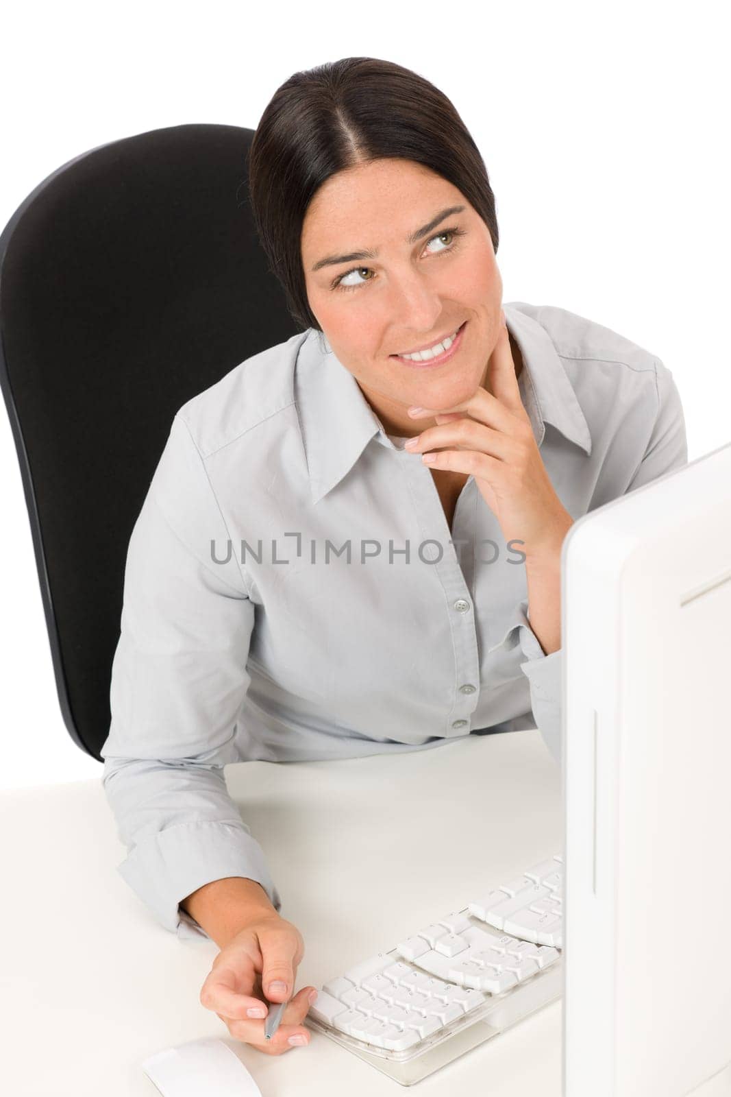 Successful business woman at office thinking sitting table working computer