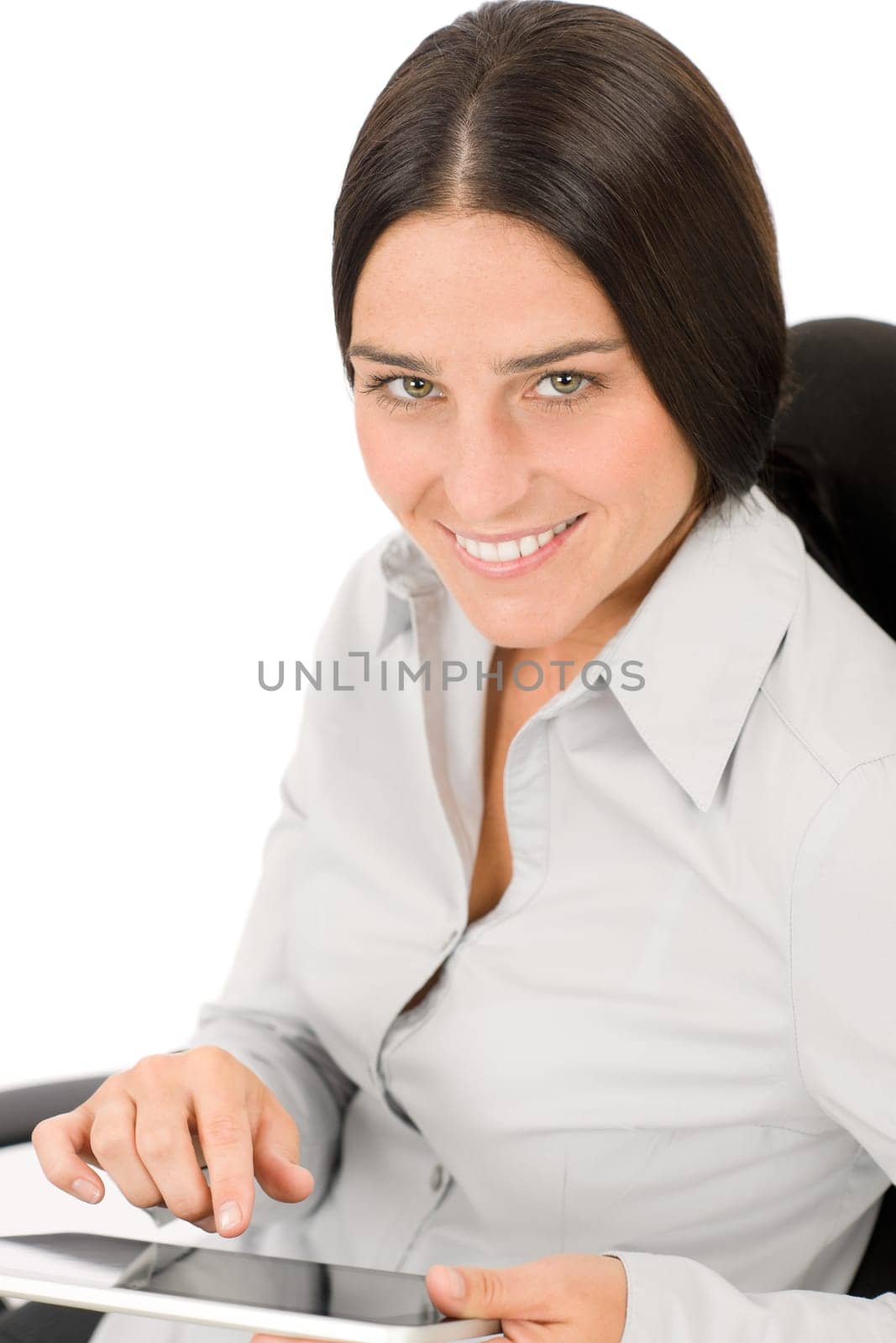 Attractive businesswoman holding touch tablet screen computer typing close-up portrait