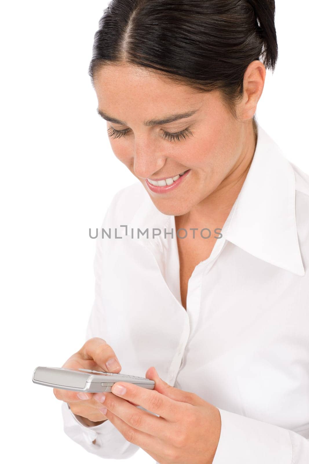Attractive businesswoman smiling holding phone close-up portrait