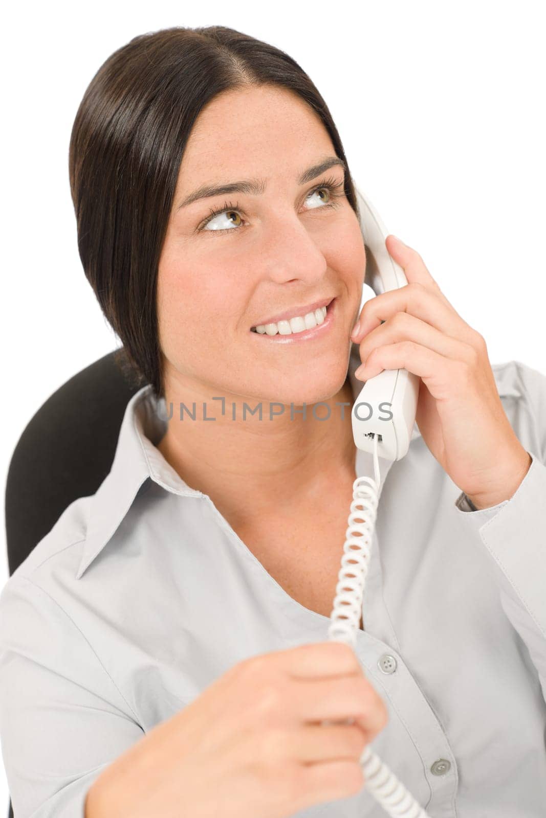Smiling businesswoman attractive calling on phone close-up portrait