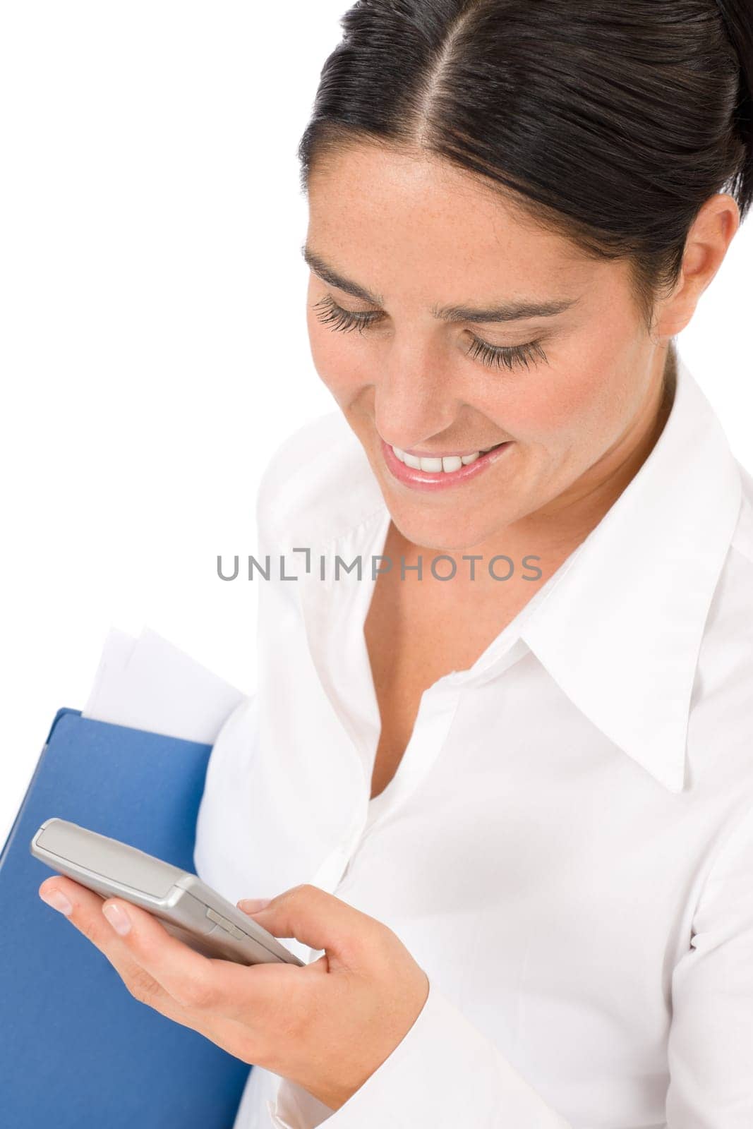 Attractive businesswoman smiling holding phone close-up portrait