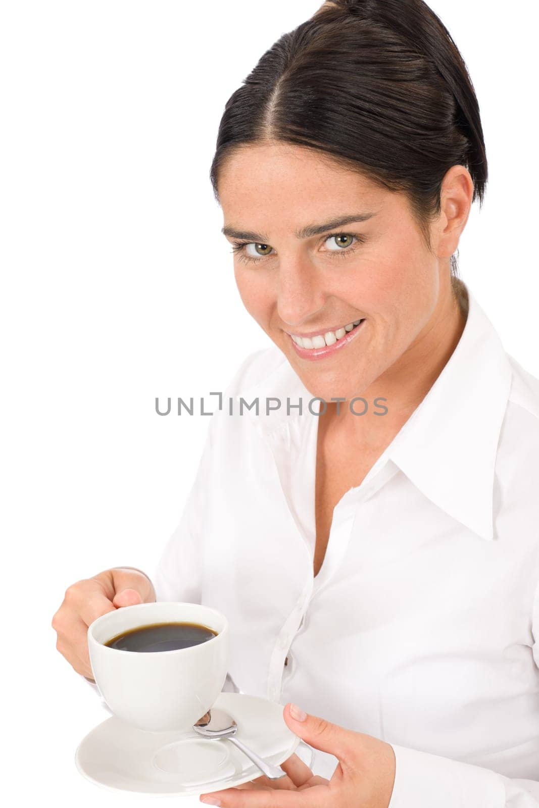 Attractive businesswoman smiling holding coffee cup close-up portrait