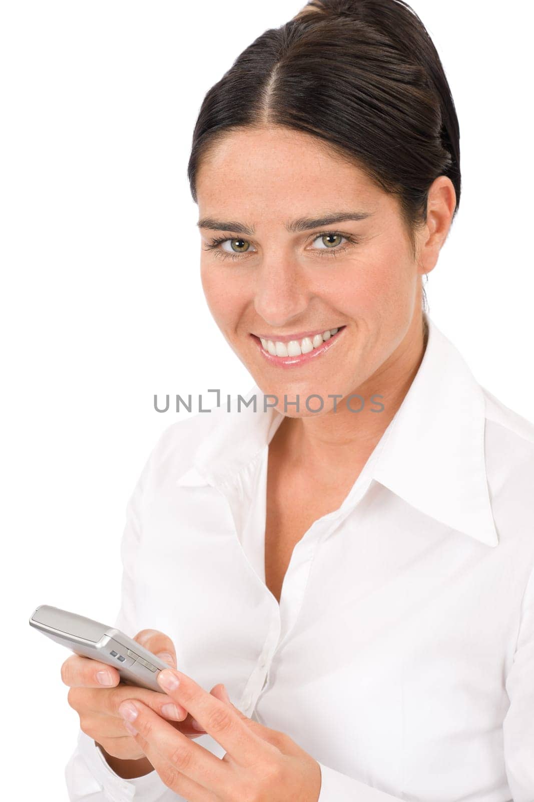 Attractive businesswoman smiling holding phone close-up portrait