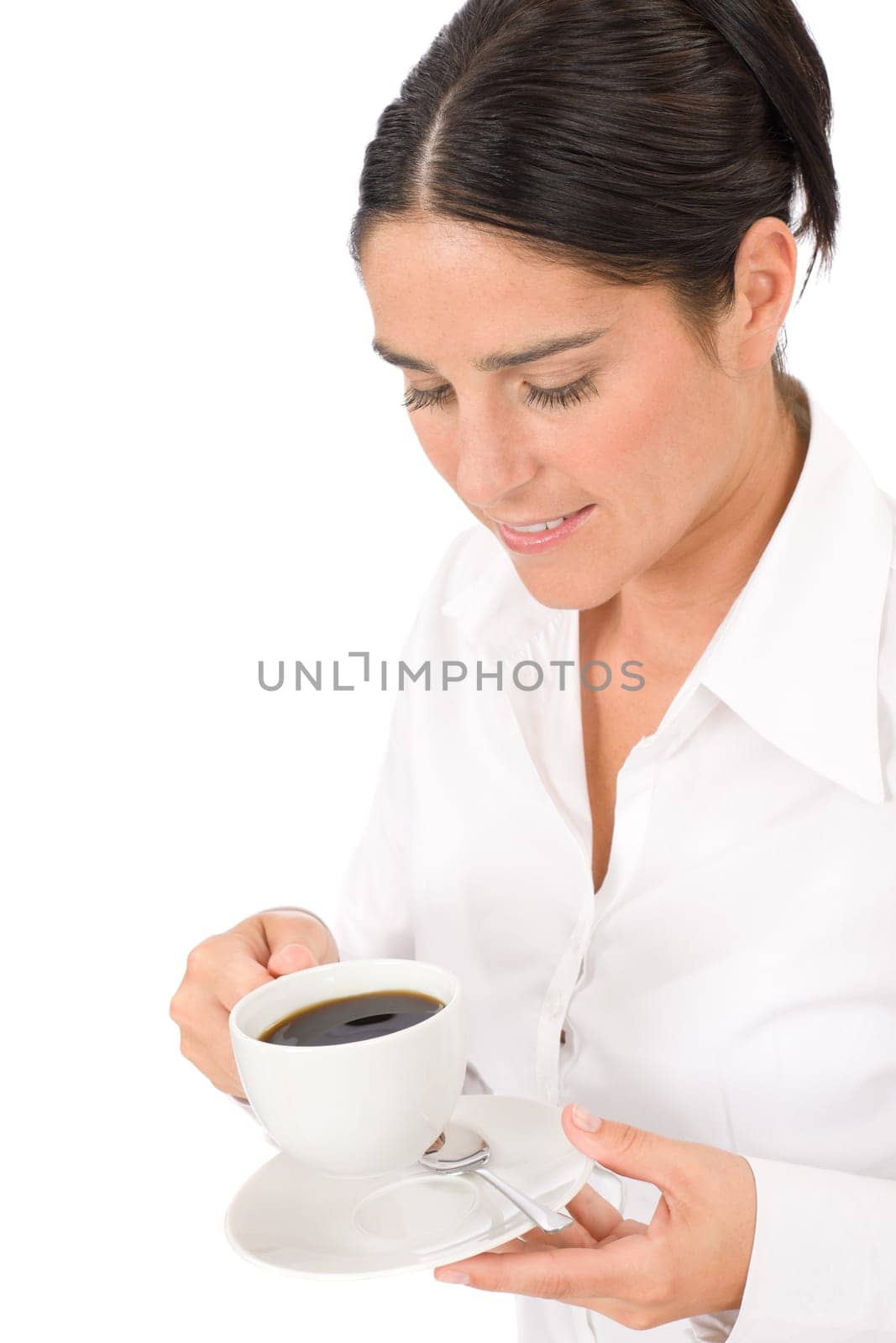 Attractive businesswoman smiling holding coffee cup close-up portrait
