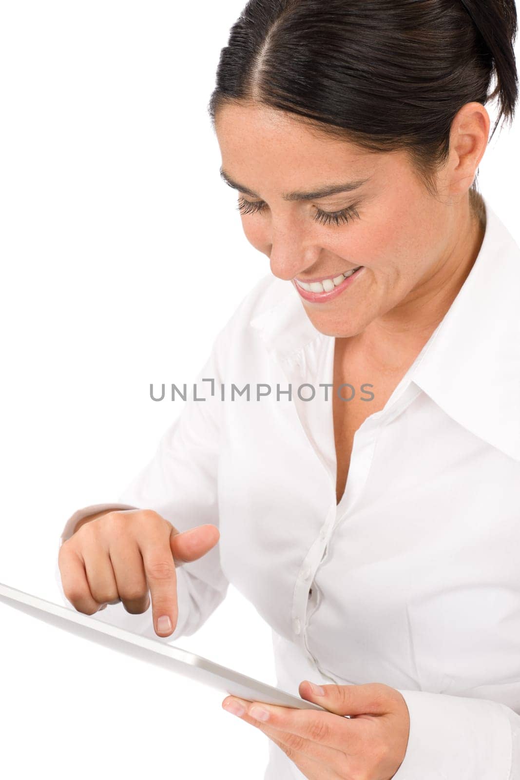 Attractive businesswoman holding touch tablet screen computer typing close-up portrait