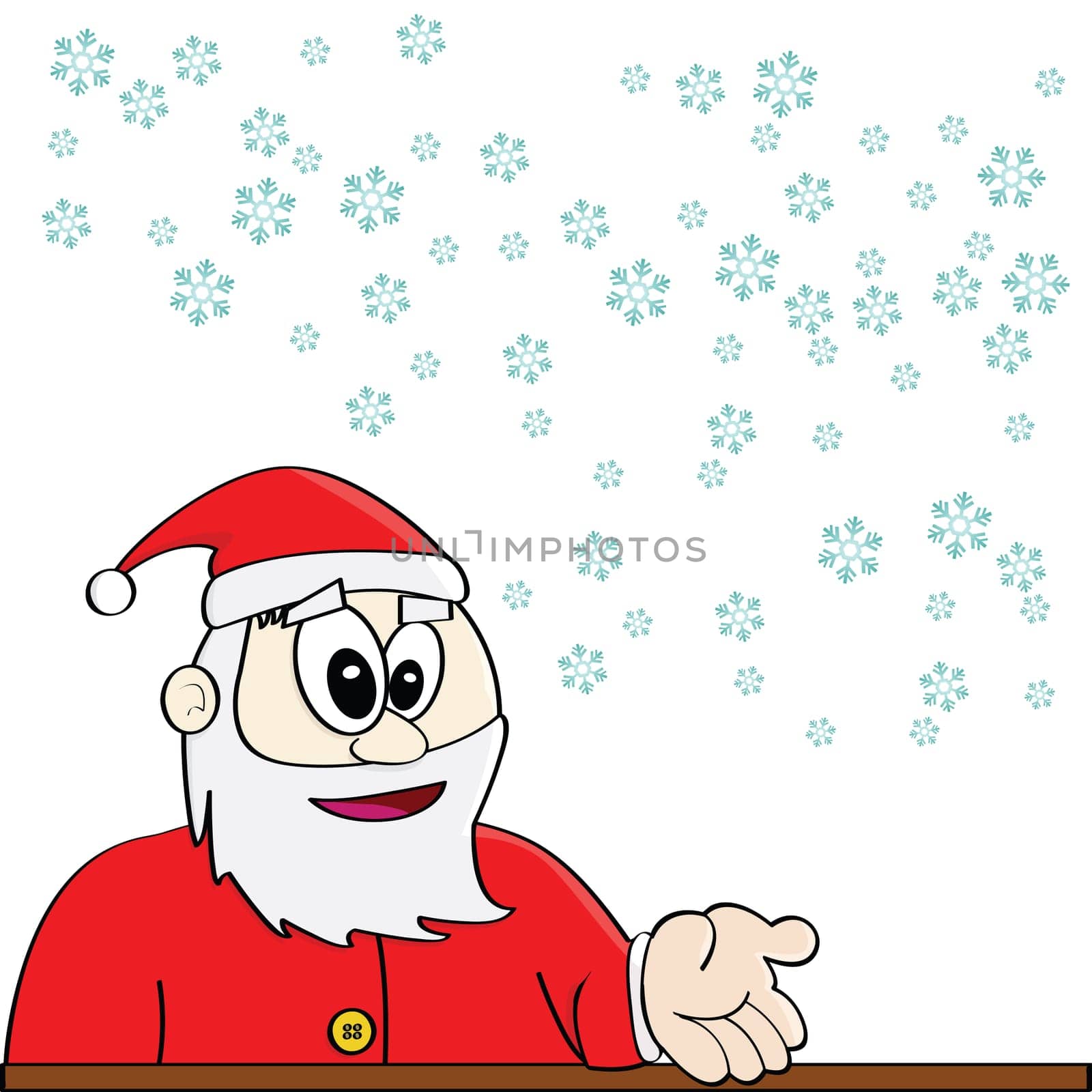 Cartoon illustration showing Santa Claus with his hand extended as if to show something while snowflakes fall