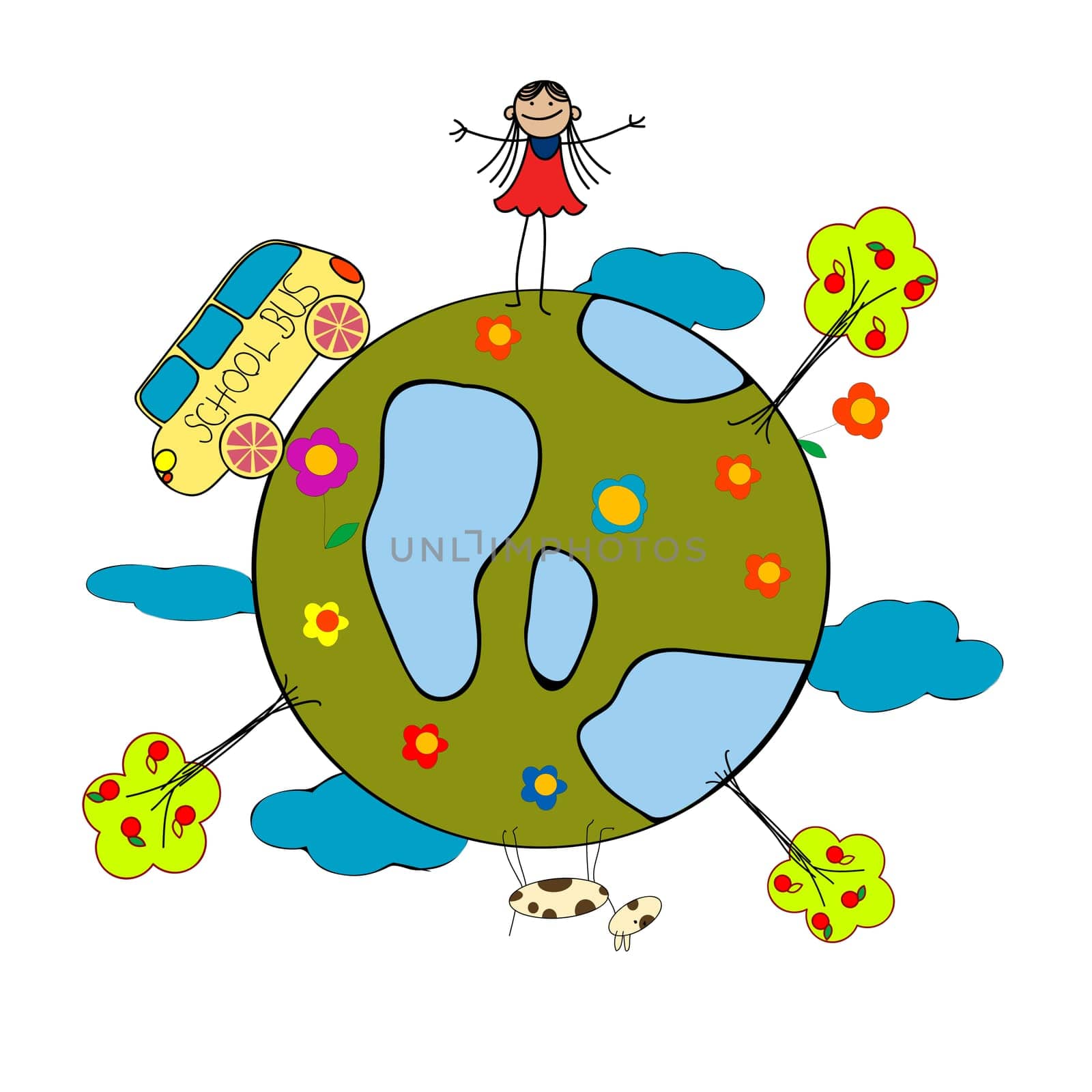 Childlike drawing with little girl, school bus and globe over white background