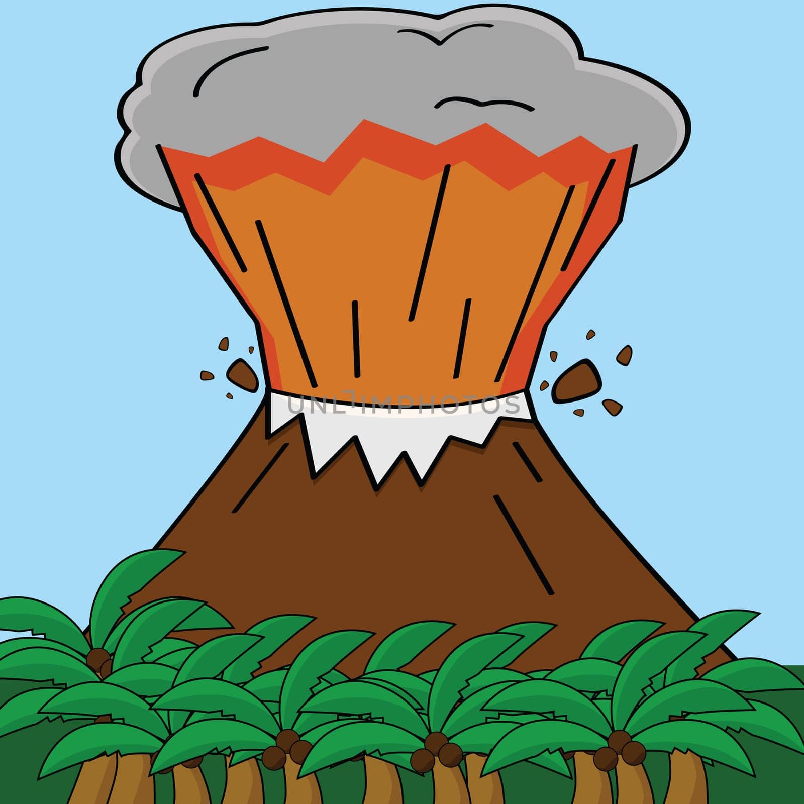 Cartoon illustration showing an erupting volcano in a tropical island