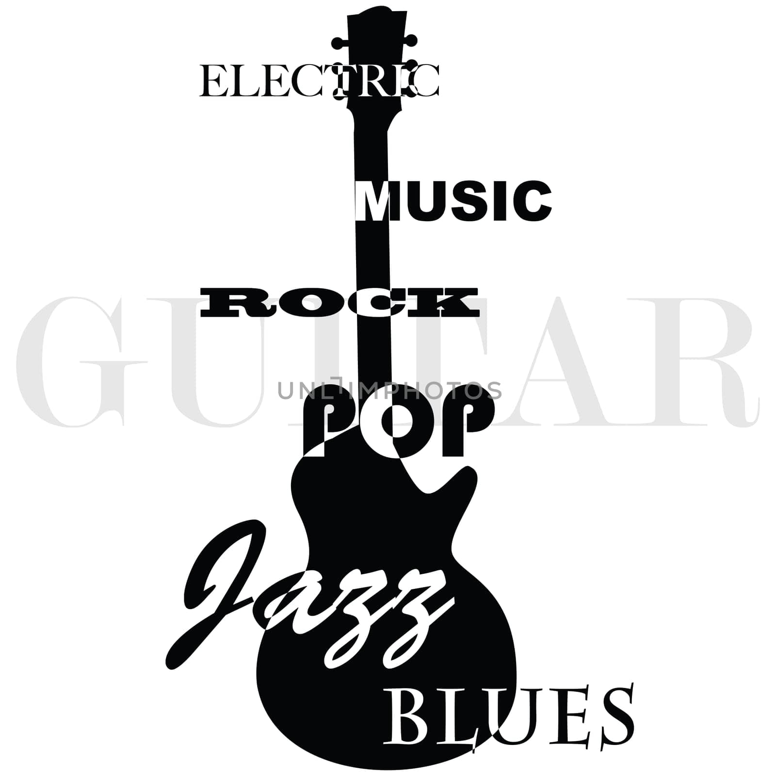 Concept illustration showing the outline of an electric guitar with the music genres written over it