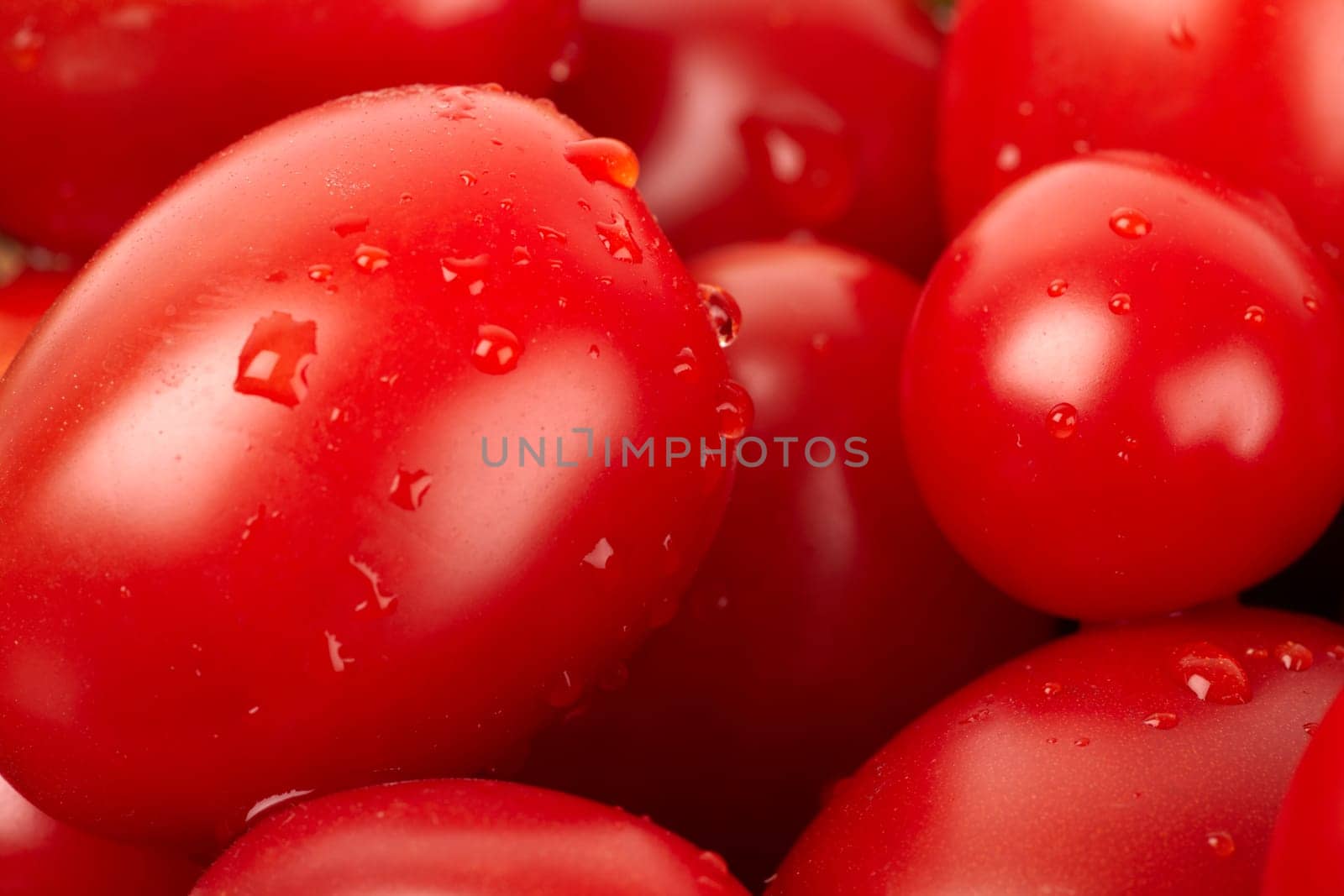 Red tomatoes with water drops in close-up.