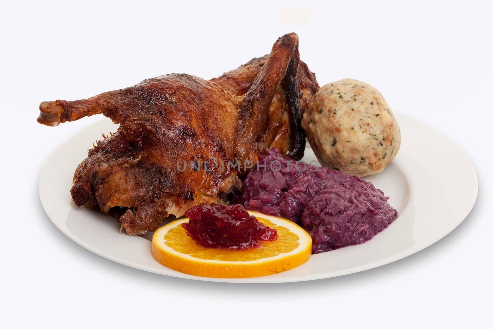 Christmas roast,goose with bread dumplings and red cabbage