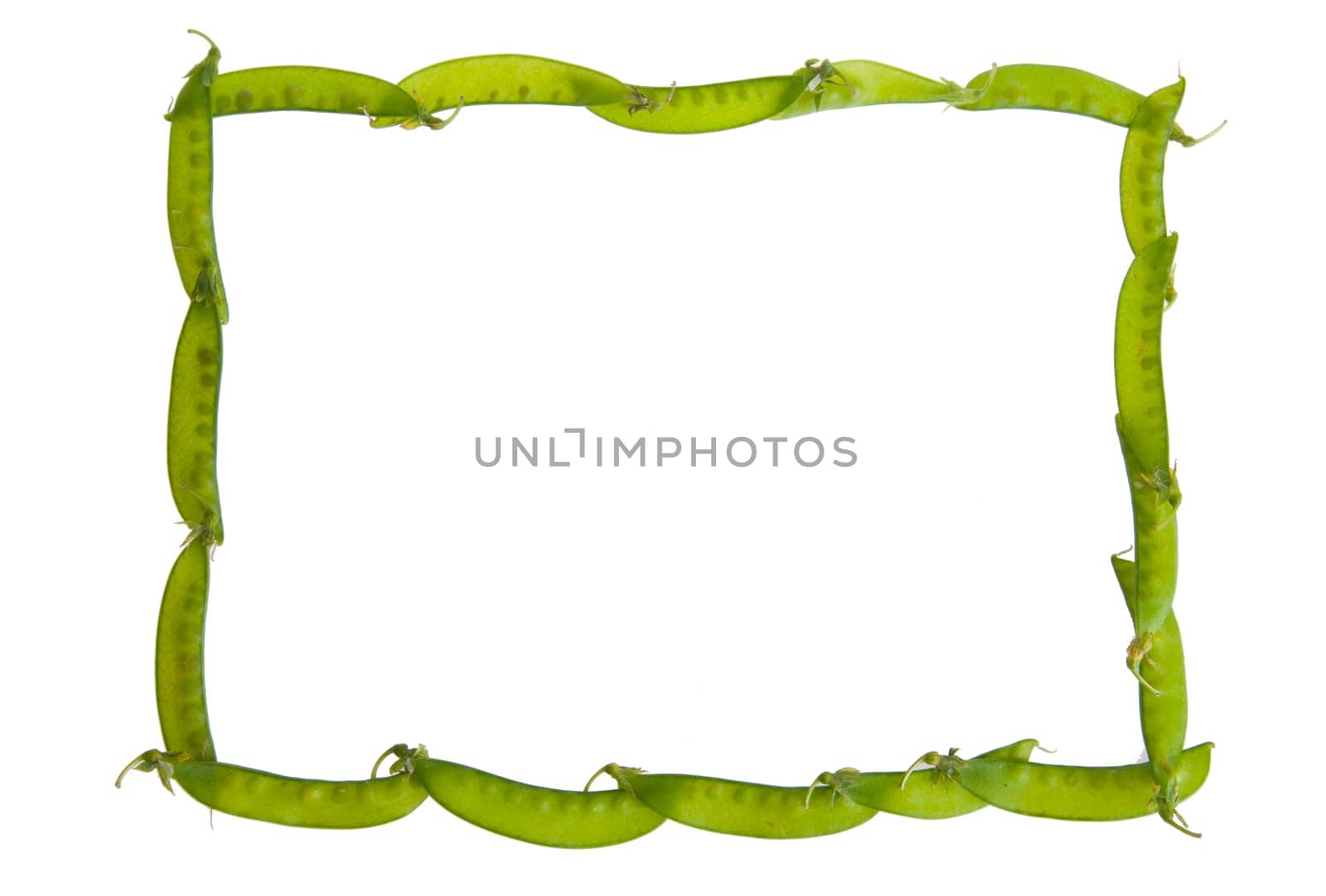 An Isolated border on white made of green pea pods