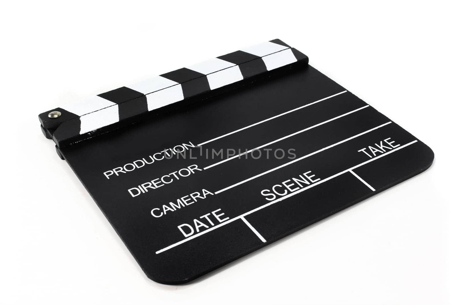 A black and white film clapper against a white background