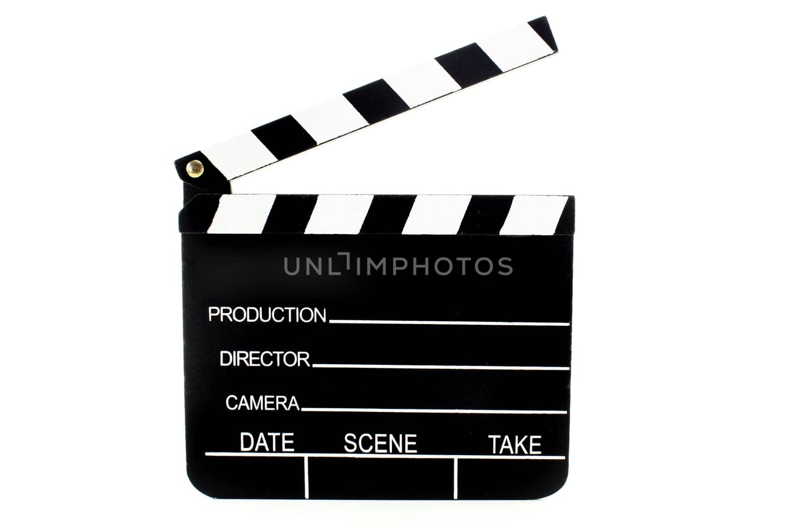 A black and white film clapper against a white background