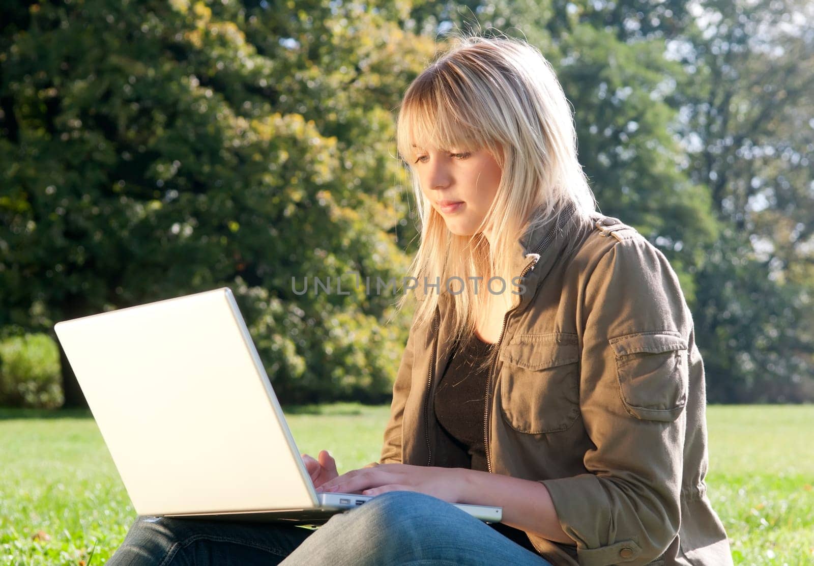 Young woman with laptop in a meadow