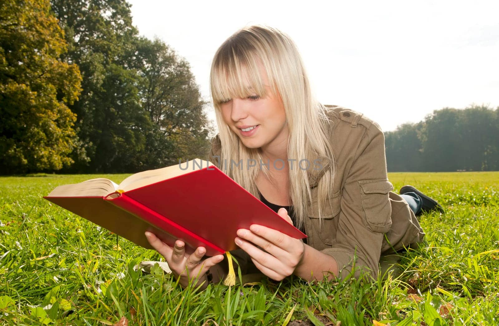 Young woman reading book in a meadow