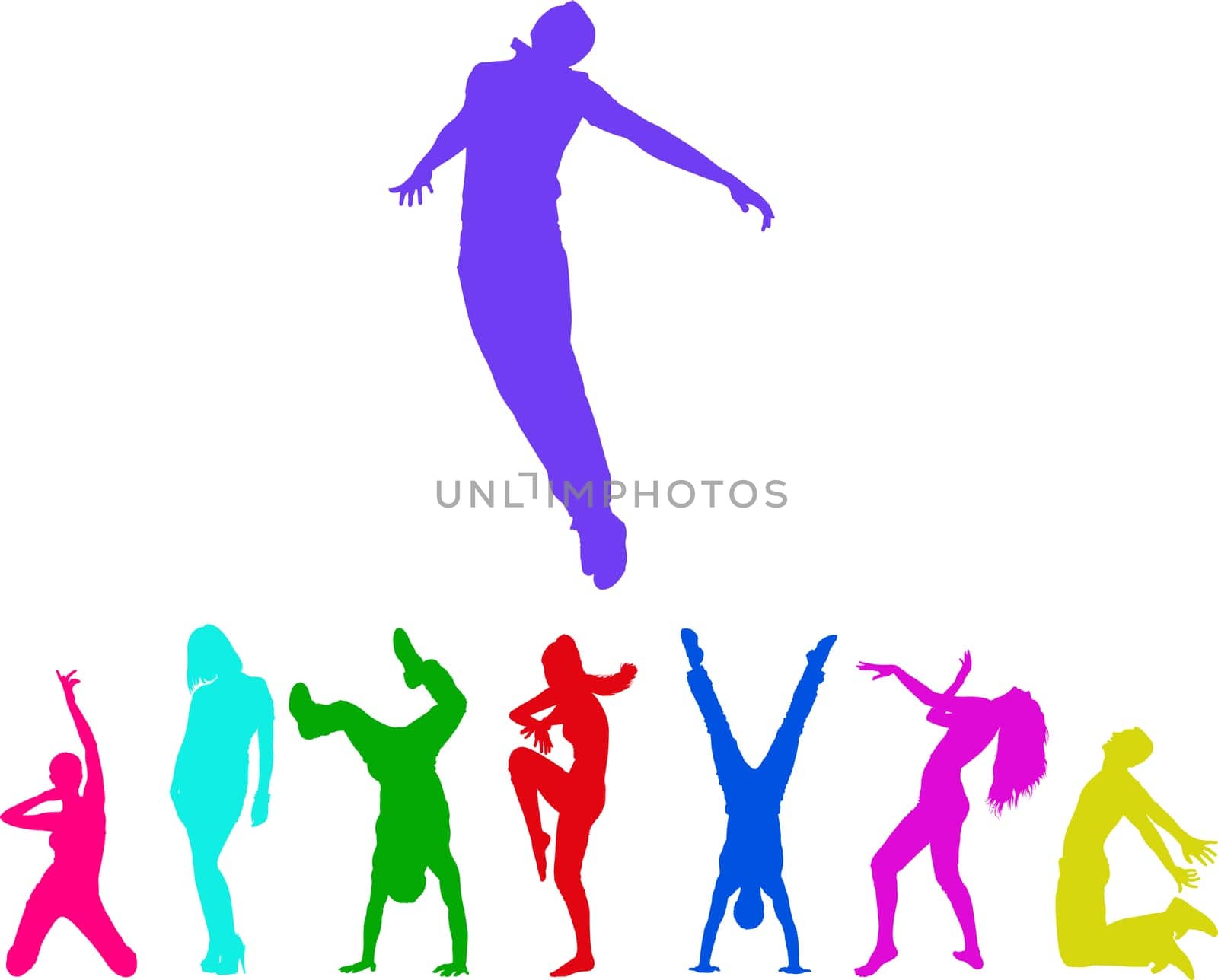 Illustration silhouettes of the people. Colorful moments of jumping and club dancing young adults. Isolated over white background