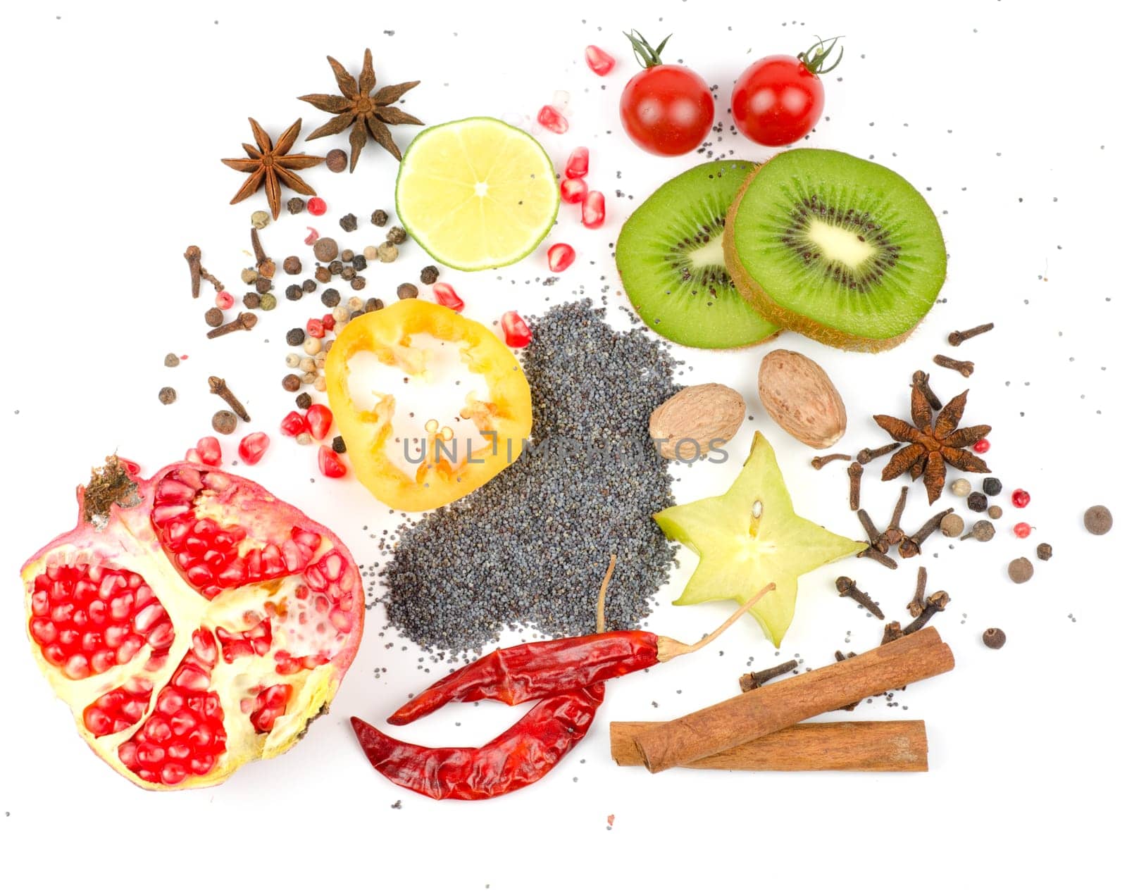 Colorful spices on a white background - beautiful kitchen image.