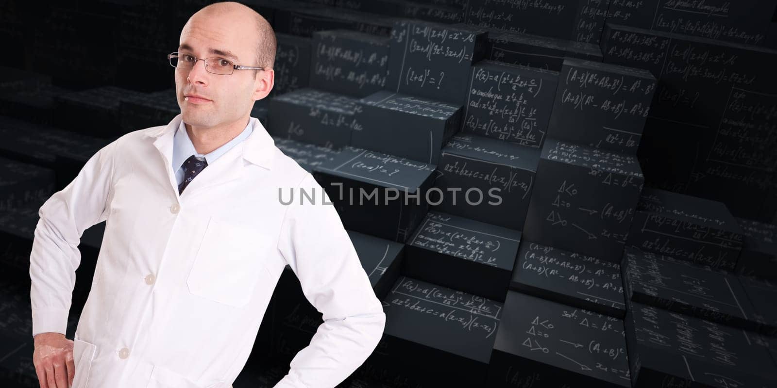 Man with a lab coat and a tie with a background of mathematical formulae
