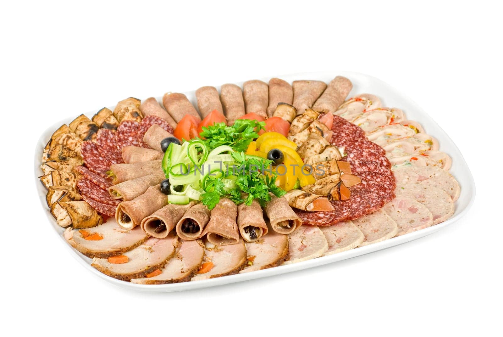 meat cuts with vegetables on a white background