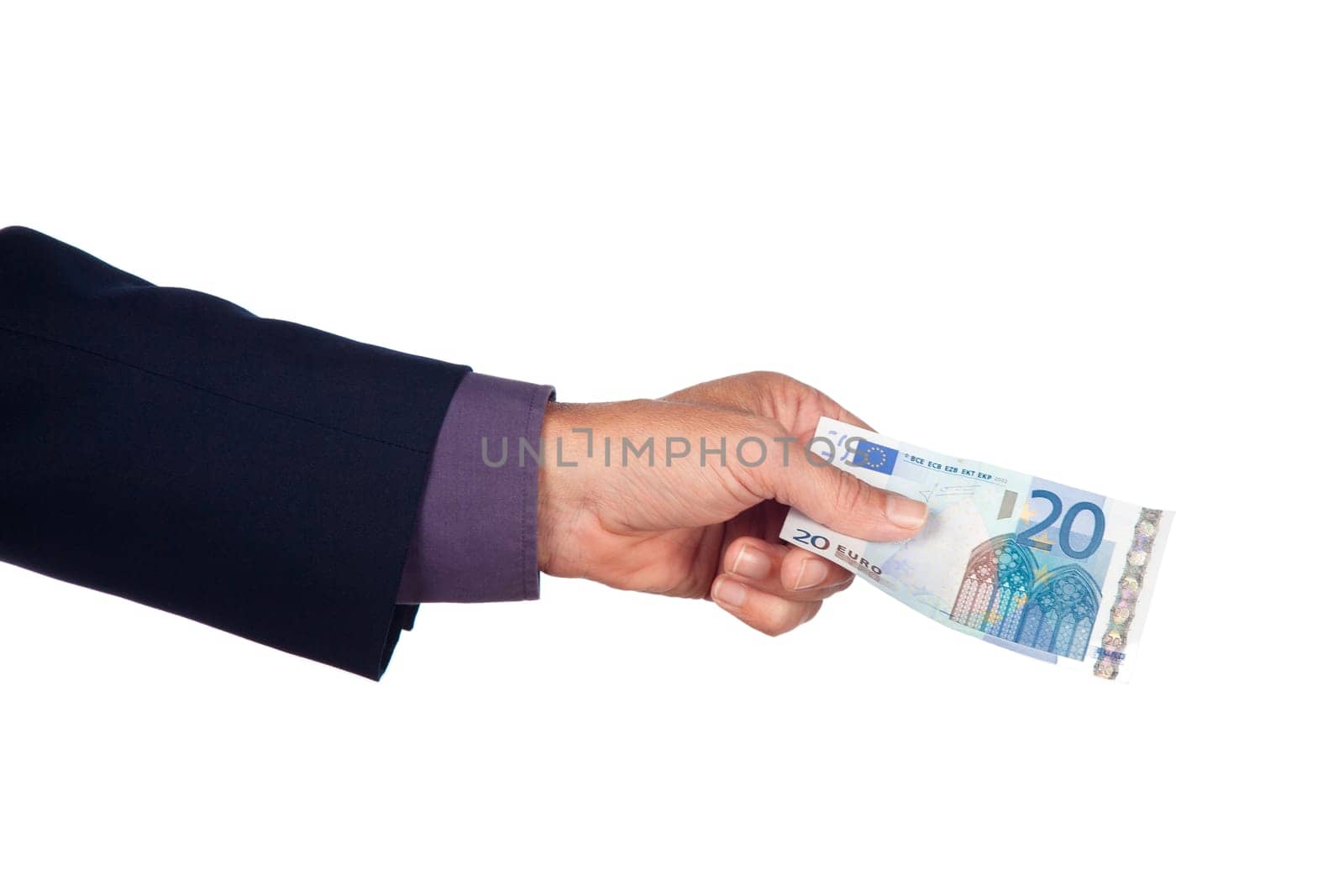 male hand with  euro  banknote on a white background