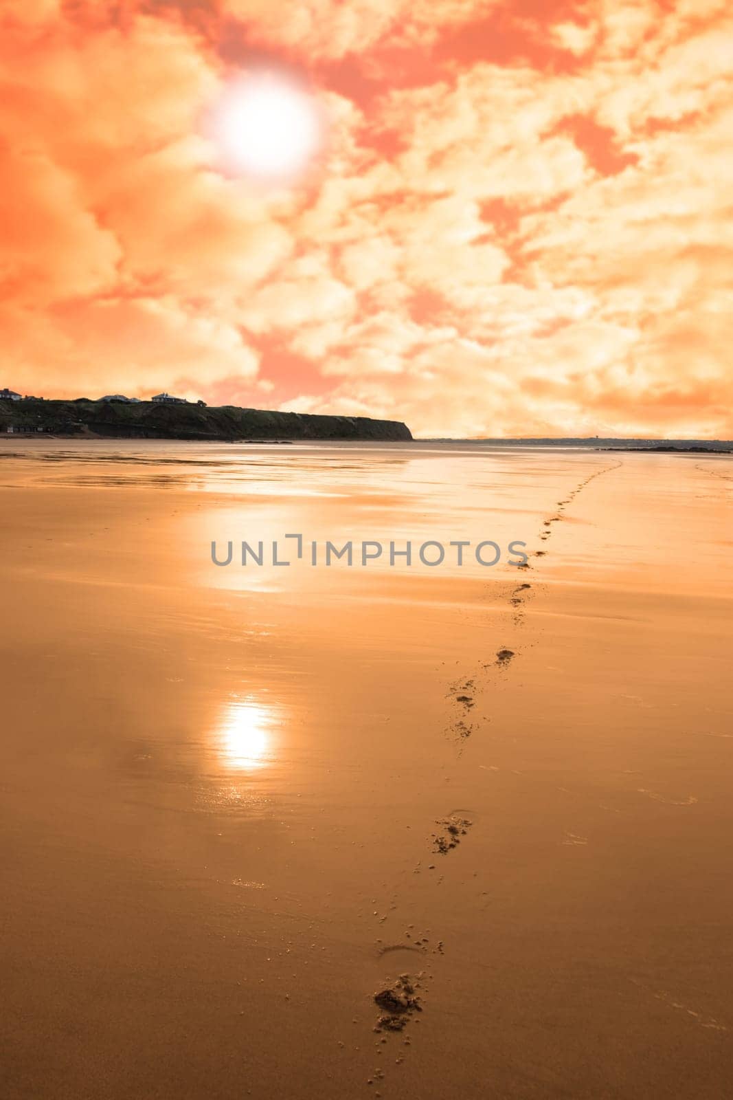 hoofprints trailing in to the horizon with red sunrise view of the ballybunion coastline on irelands west coast