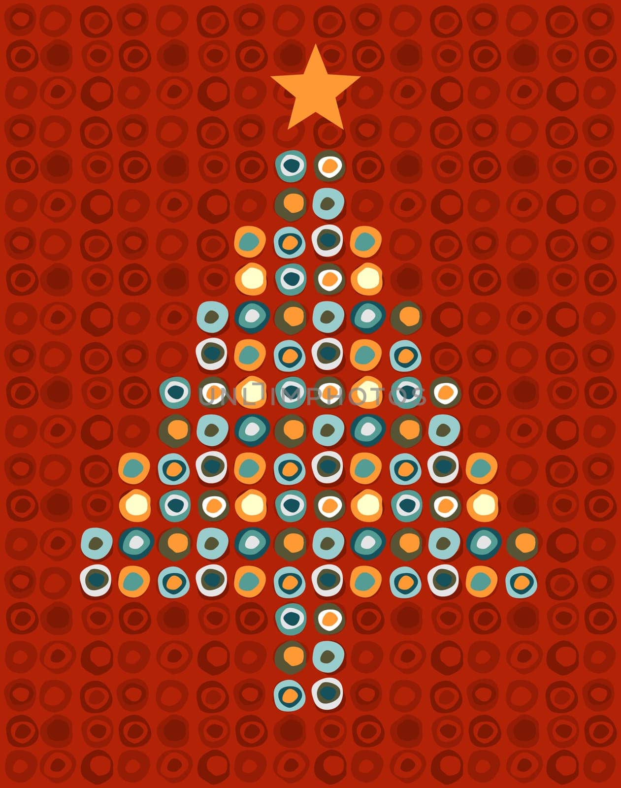 Christmas tree made of multicolored circles with a orange star on the top on red background. Vector file available.