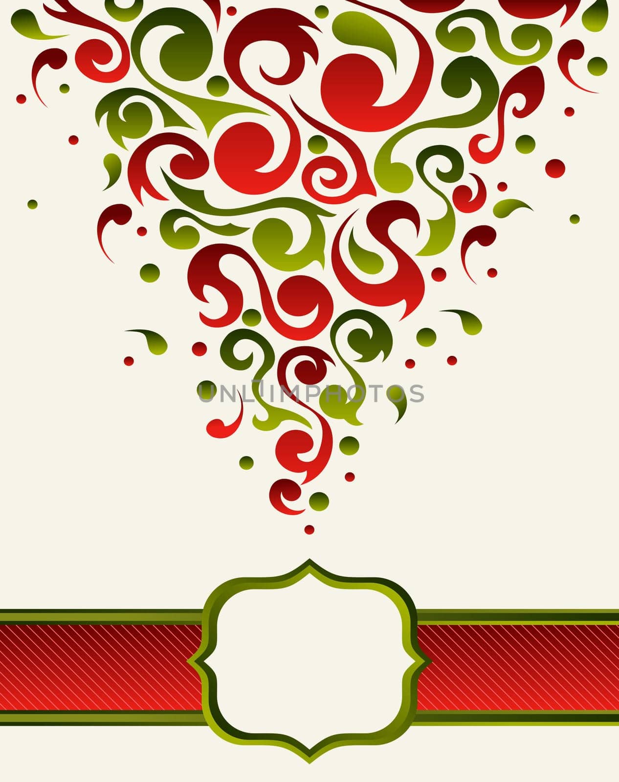 Green and red Ornamental plant shapes Xmas postcard