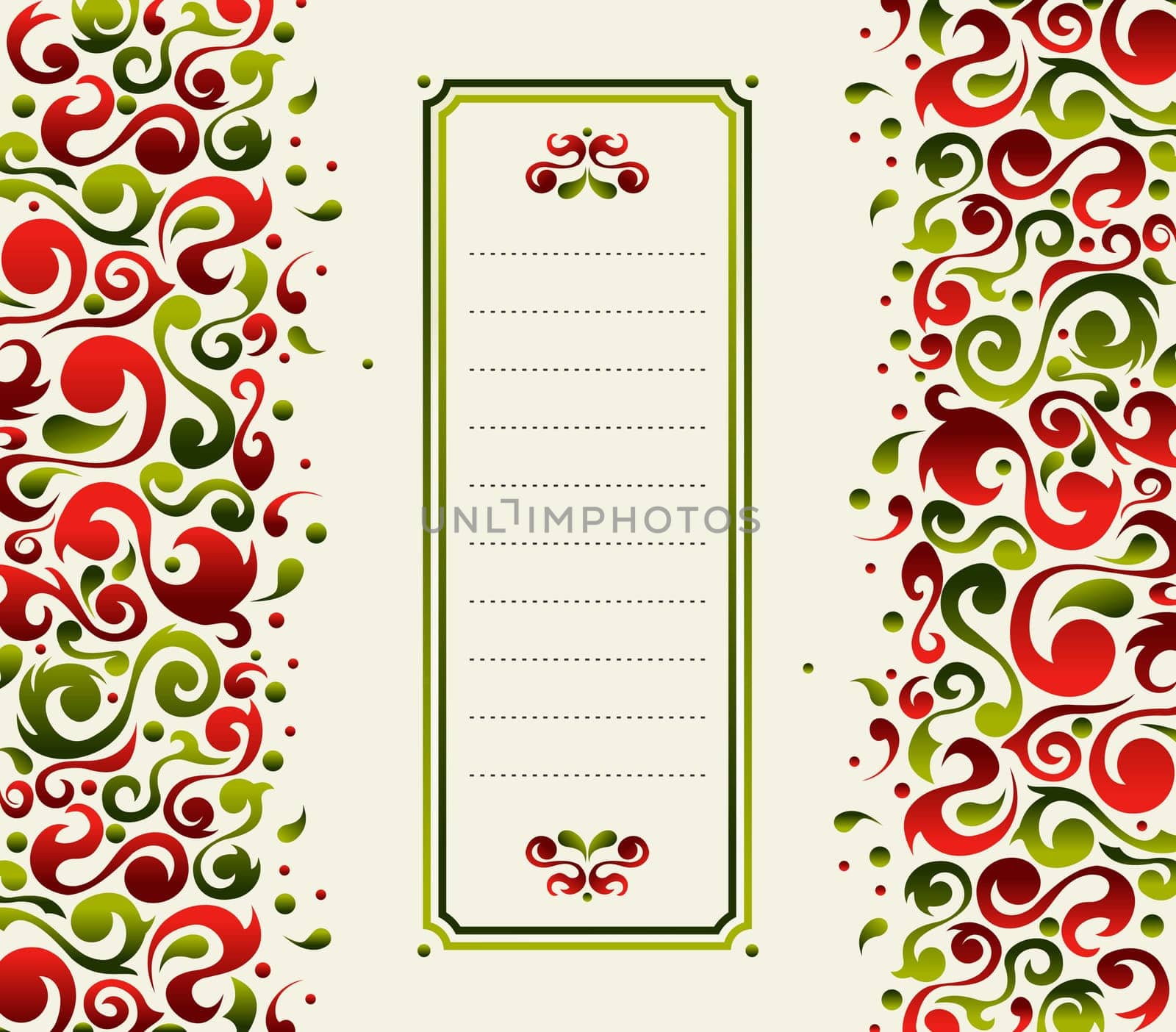 Christmas postcard made with green and red ornamental plant shapes