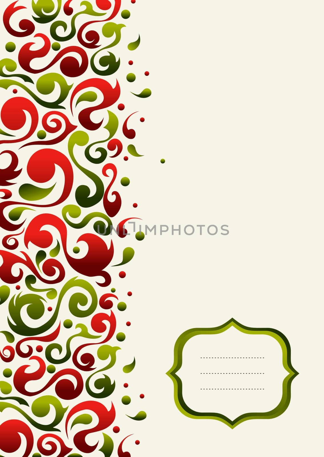 Postcard made with green and red ornate shapes
