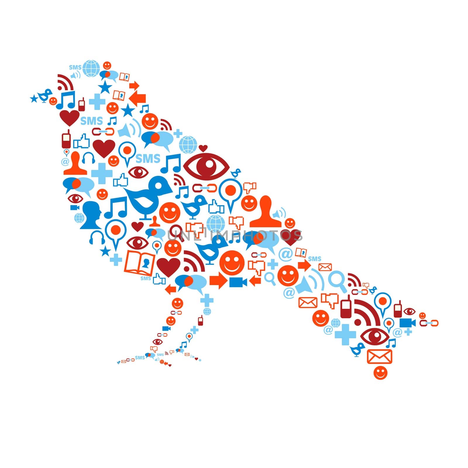 Bird shape with social media icons set texture