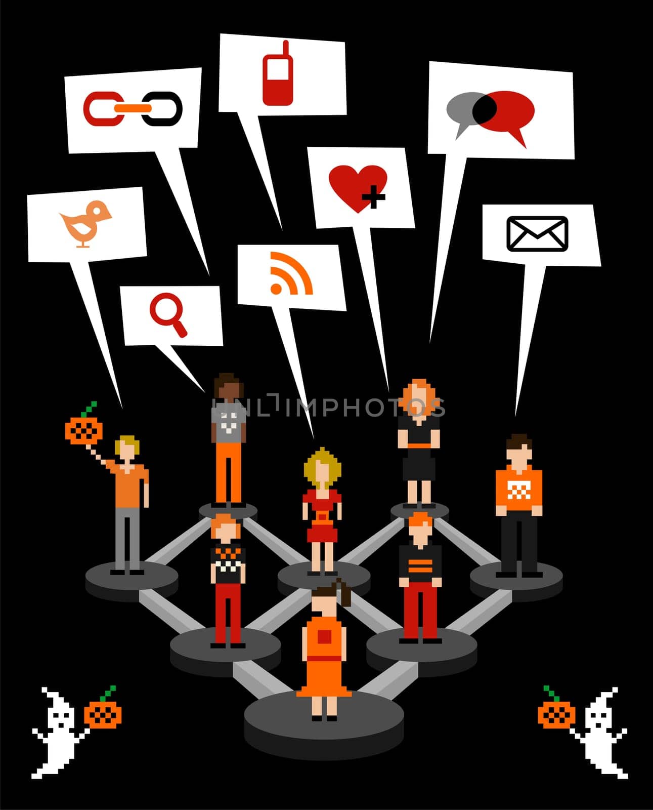 Web social relationship diagram showing people connected in Halloween seasonal.