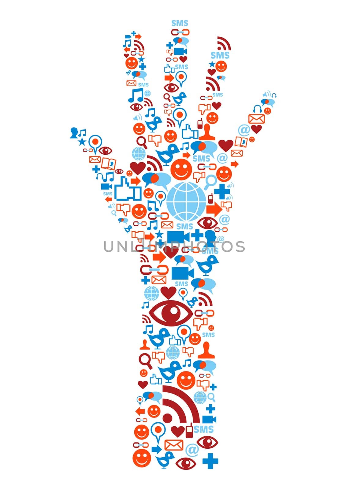 Social media icons set in hand shape composition