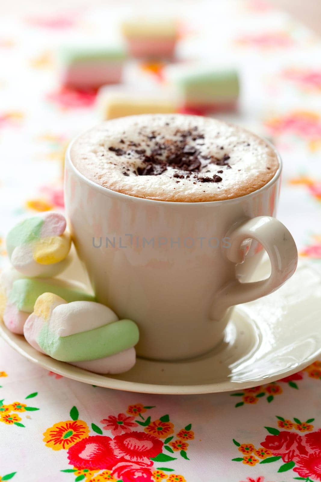 Close-up of delicious hot chocolate with chocolate sprinkles and marshmallow