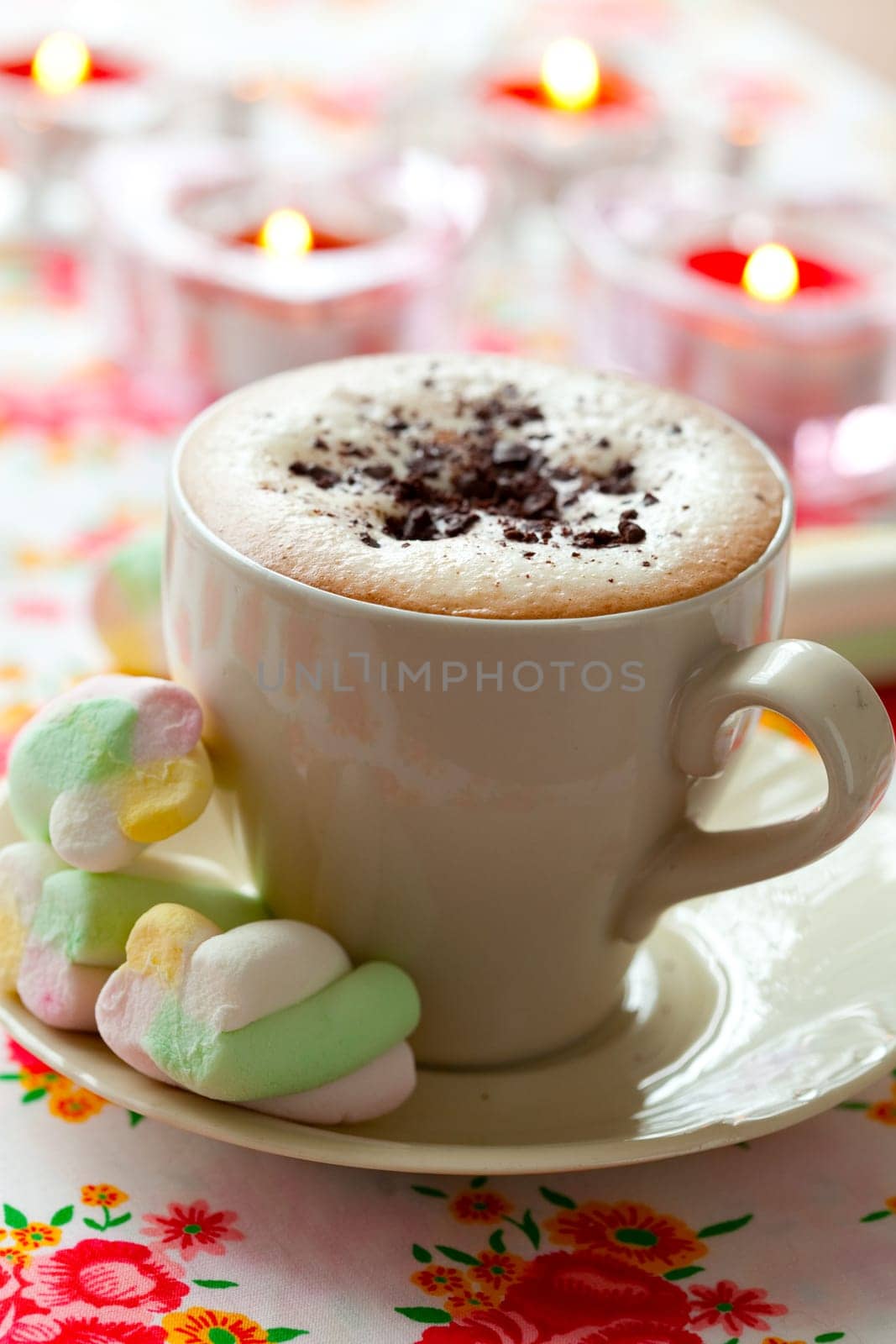 Close-up of delicious hot chocolate with chocolate sprinkles and marshmallow