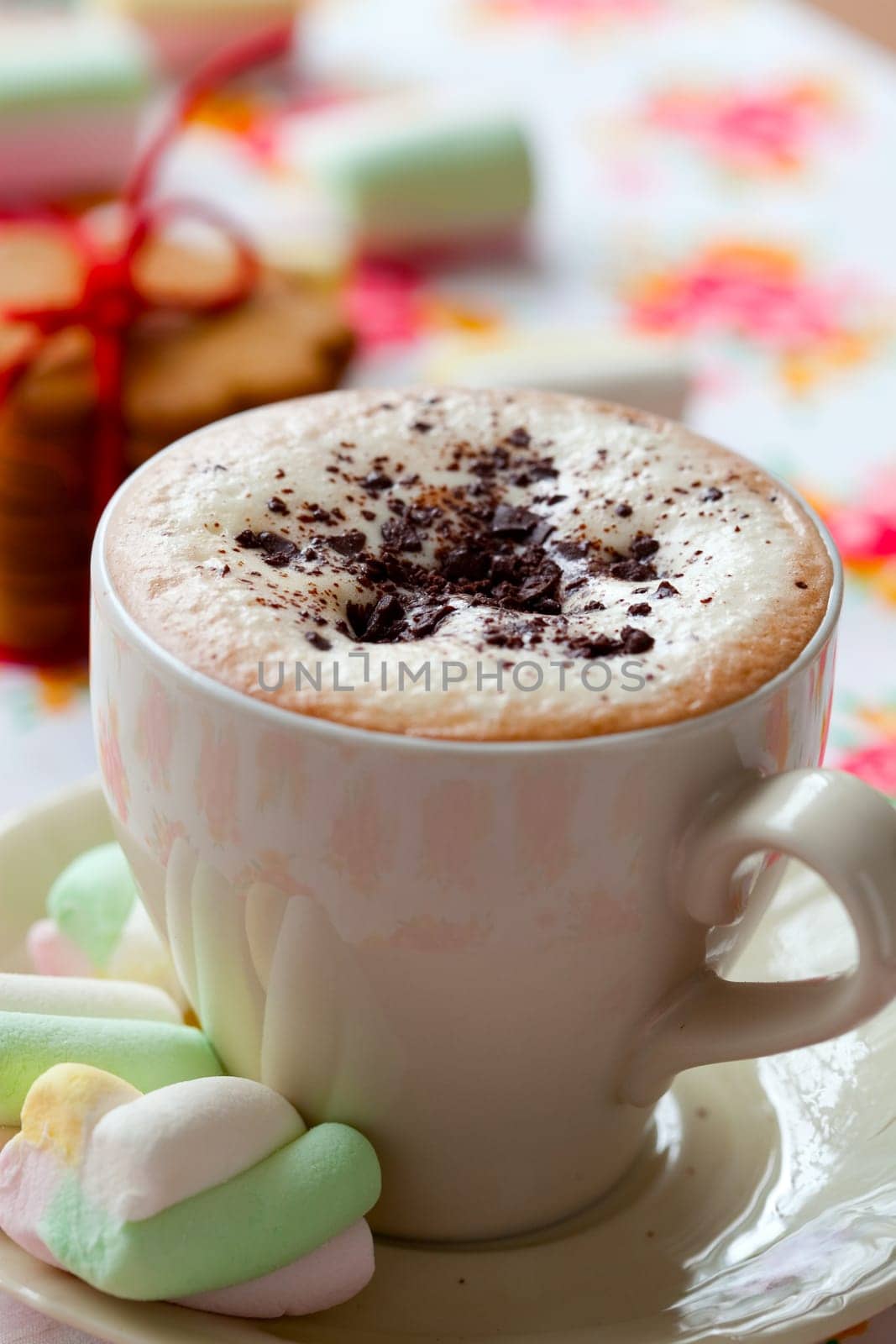 Close-up of delicious hot chocolate with chocolate sprinkles and marshmallow
