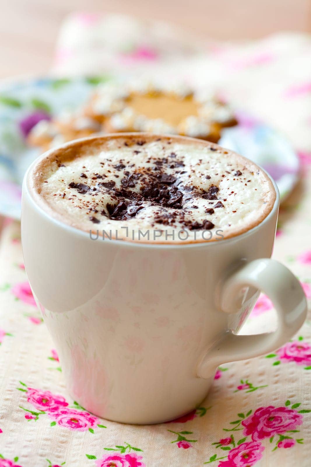 Close-up of delicious hot chocolate with chocolate sprinkles