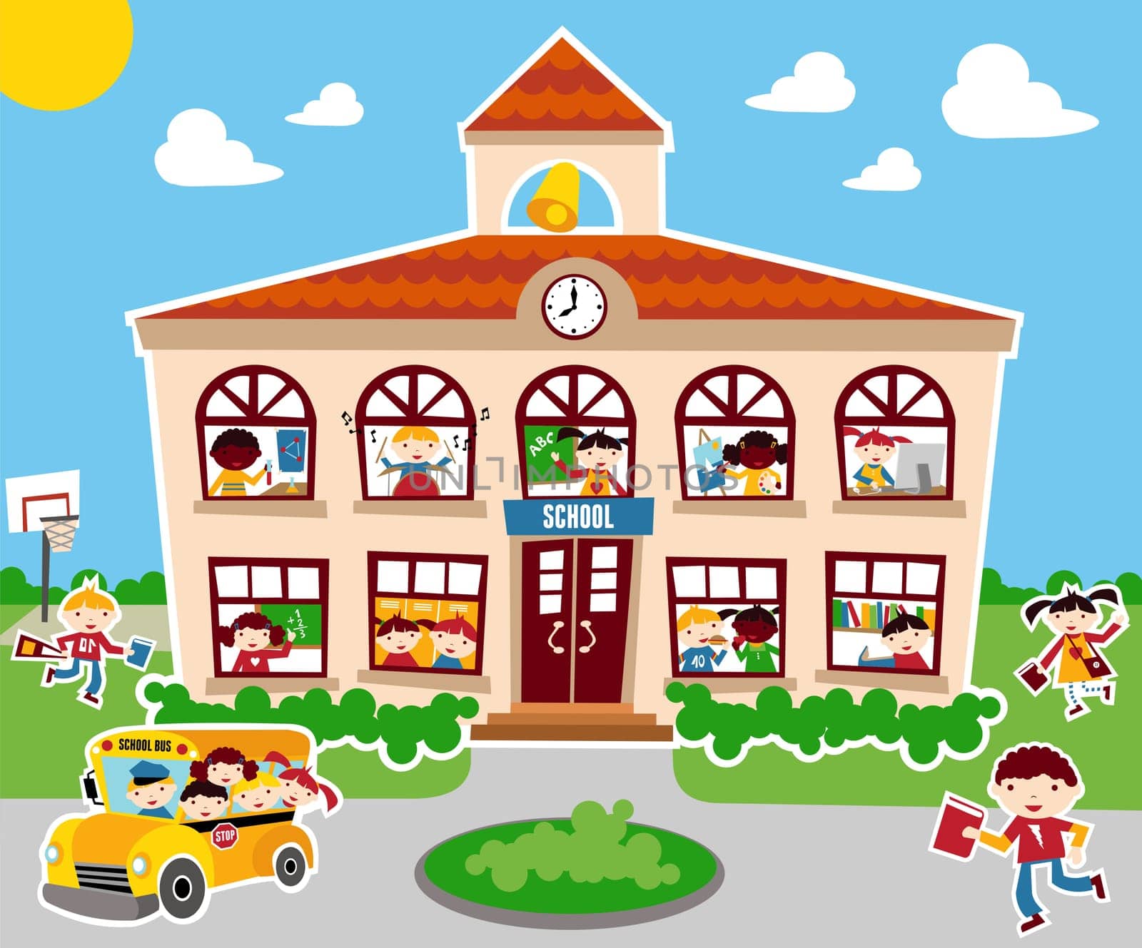 Back to school concept illustration background. Bus, children and school facade composition.
