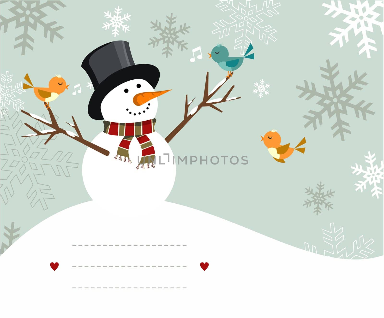 Snowman with birds illustration with blank lines to write on snowy background. Vector file available.
