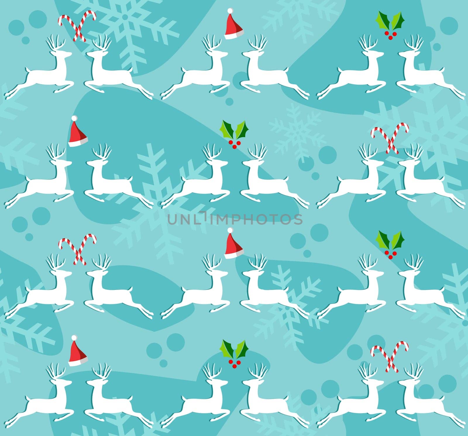 Christmas decorative elements and reindeers seamless pattern background. Vector illustration.