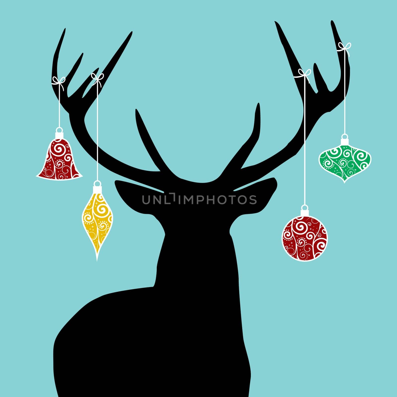 Christmas reindeer silhouette with decorations hanged from its antlers.