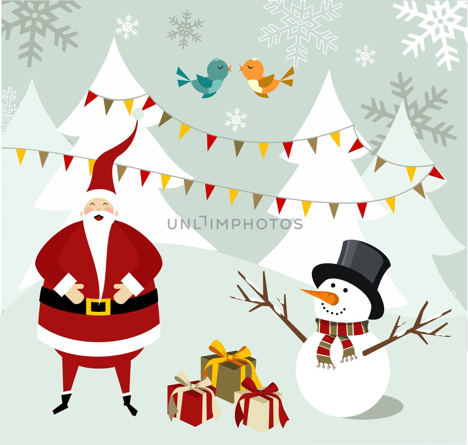 Santa Claus and snowman illustration celebrating Christmas with gifts in a snowy background.  Vector file available.