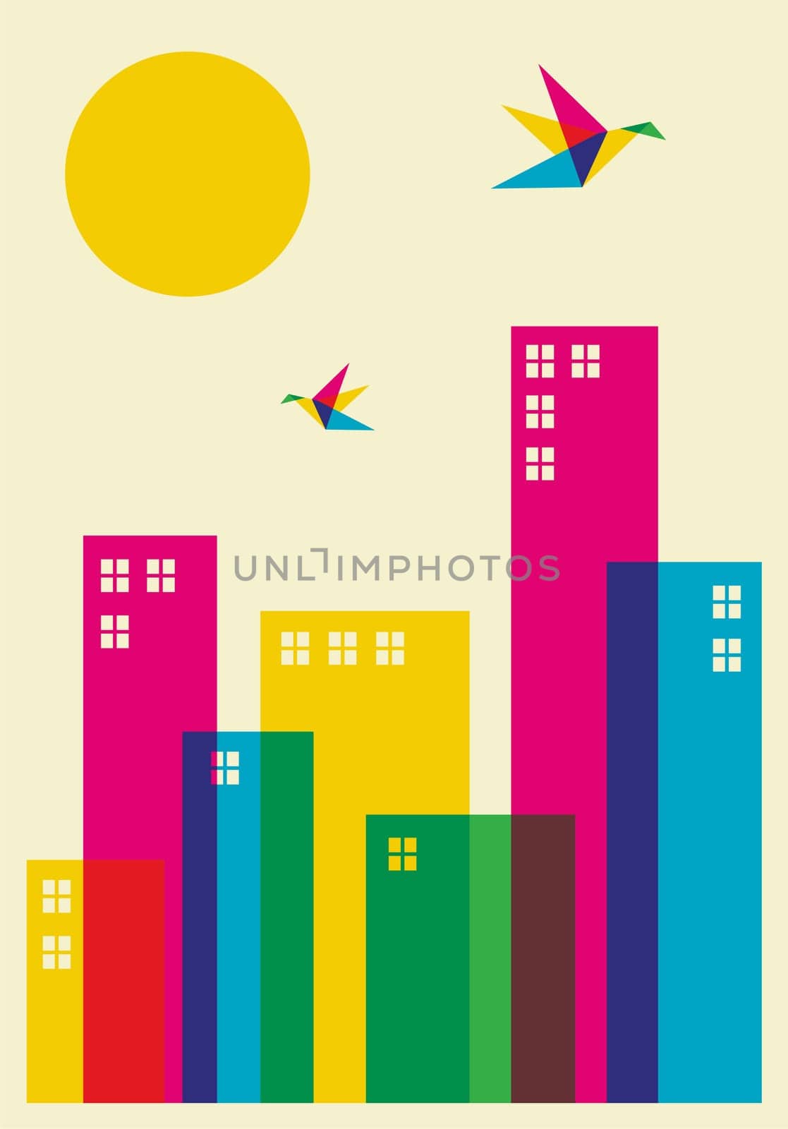 Spring time in the city. Full color humming birds flying over the city. Vector file available.